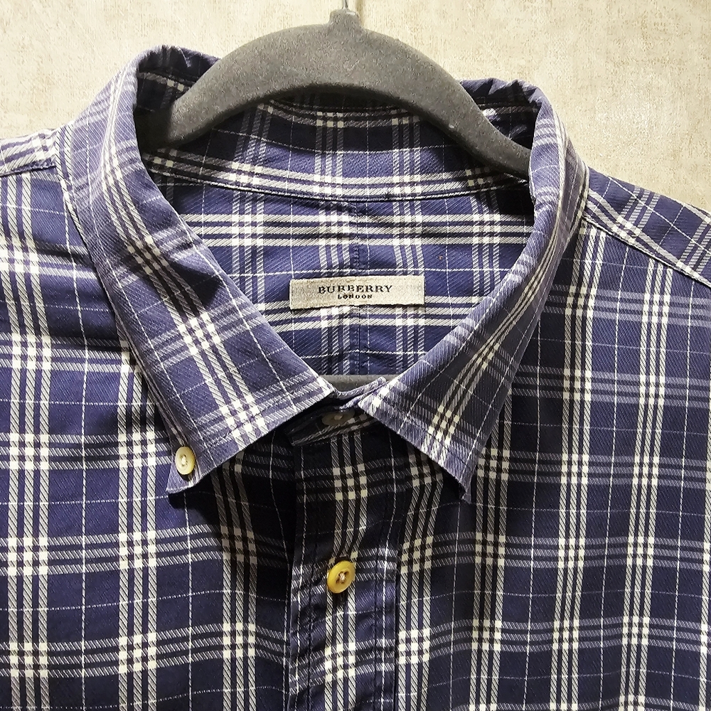 Burberry London Navy Blue Plaid Check Button Down Shirt XXL - Picture 3 of 7